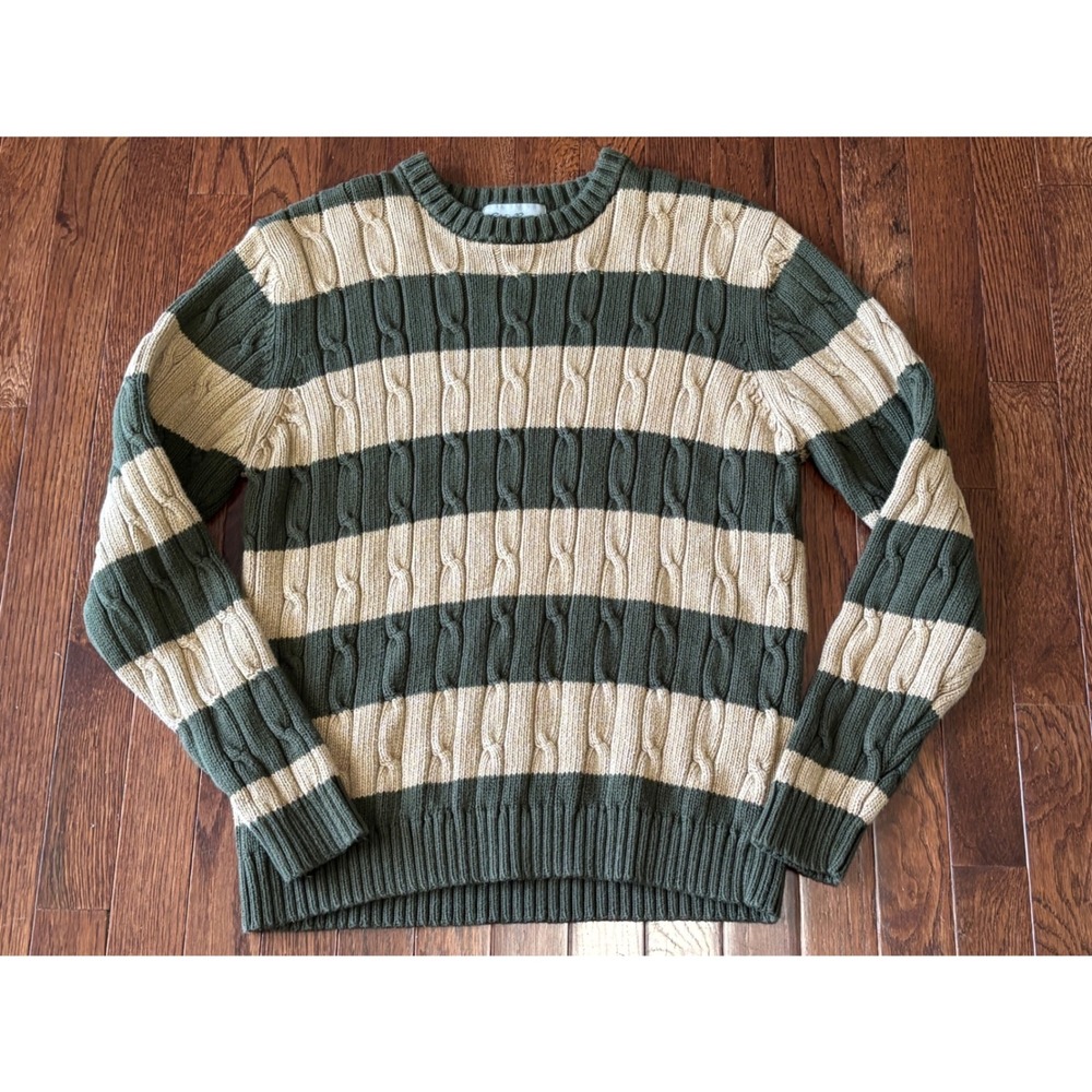 Vintage Eddie Bauer Sweater Men M Green Tan Stripe Cable Knit Japan Cotton